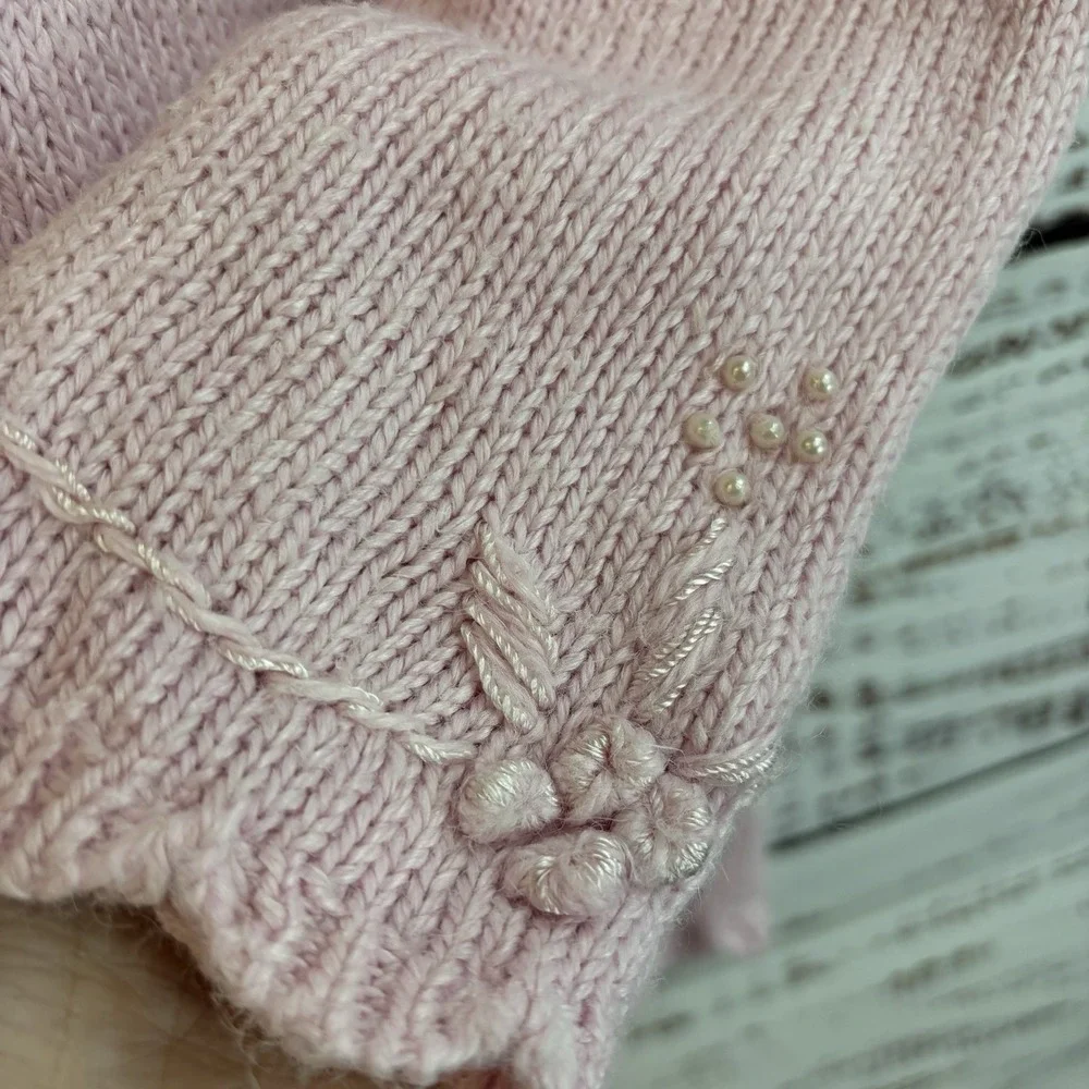 Vintage 80s 90s Sweater L Pink Cottagecore Embellished Pearls 3D Feminine Granny